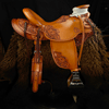 The Buckaroo Wade  Rick Reed Tree. Fork is 6&1/4 X 7&1/2 X 4 inch. 16 inch deep seat.  cantle 4&1/2 high by 12&1/2 inch wide.  7/8ths Flat Plate Riggin. Hand tooled and Hand built by Keith Valley.